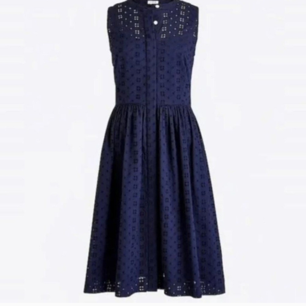 J. Crew Eyelet Lace Shirt Dress Sleeveless Button Front Navy Blue Dress Size 6